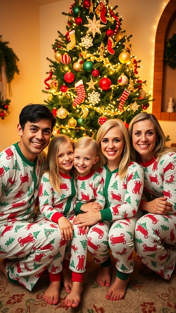 A family in matching pajamas smiling in front of a Christmas tree, perfect for a holiday card.